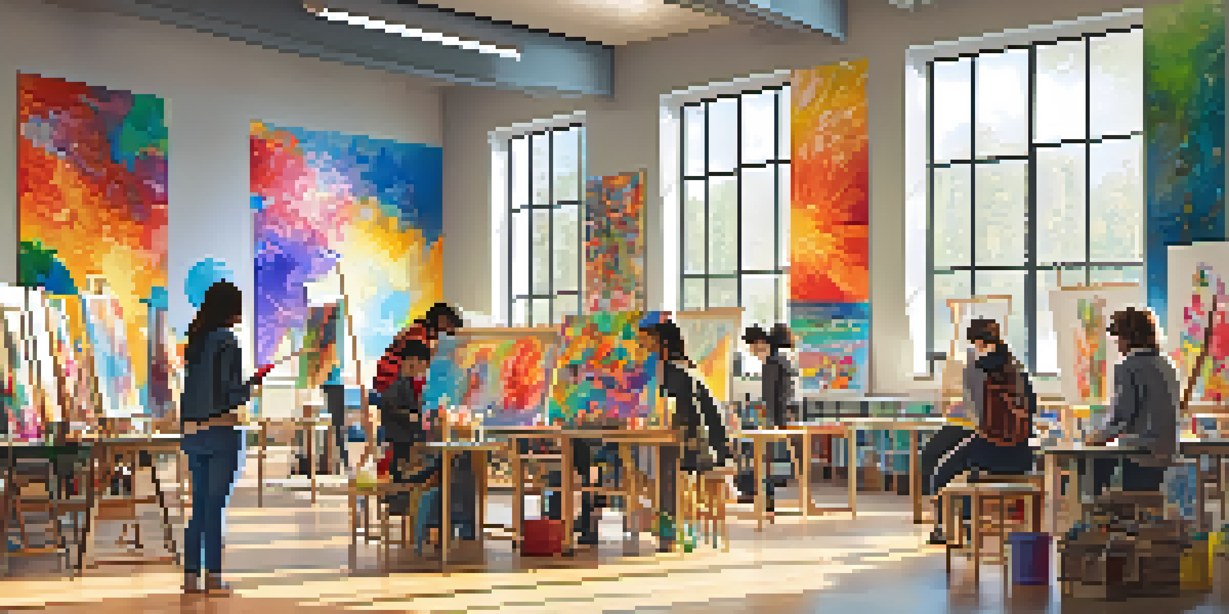 A lively art classroom with diverse students participating in different artistic activities, illuminated by sunlight.