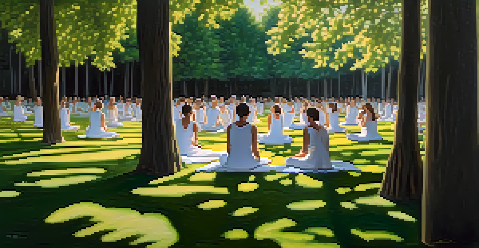 An artist performing a meditative dance in a serene natural environment, surrounded by trees and a small audience.
