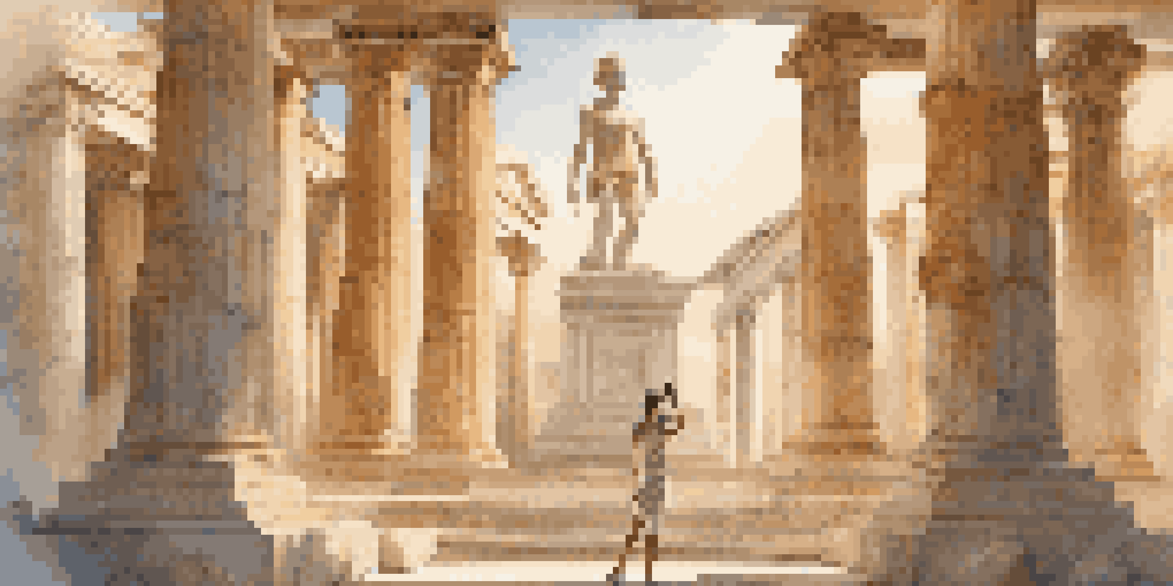 An artist using virtual reality to create sculptures in a digitally recreated ancient Greek temple, showcasing detailed stone textures and warm lighting.