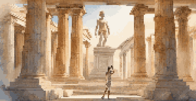 An artist using virtual reality to create sculptures in a digitally recreated ancient Greek temple, showcasing detailed stone textures and warm lighting.