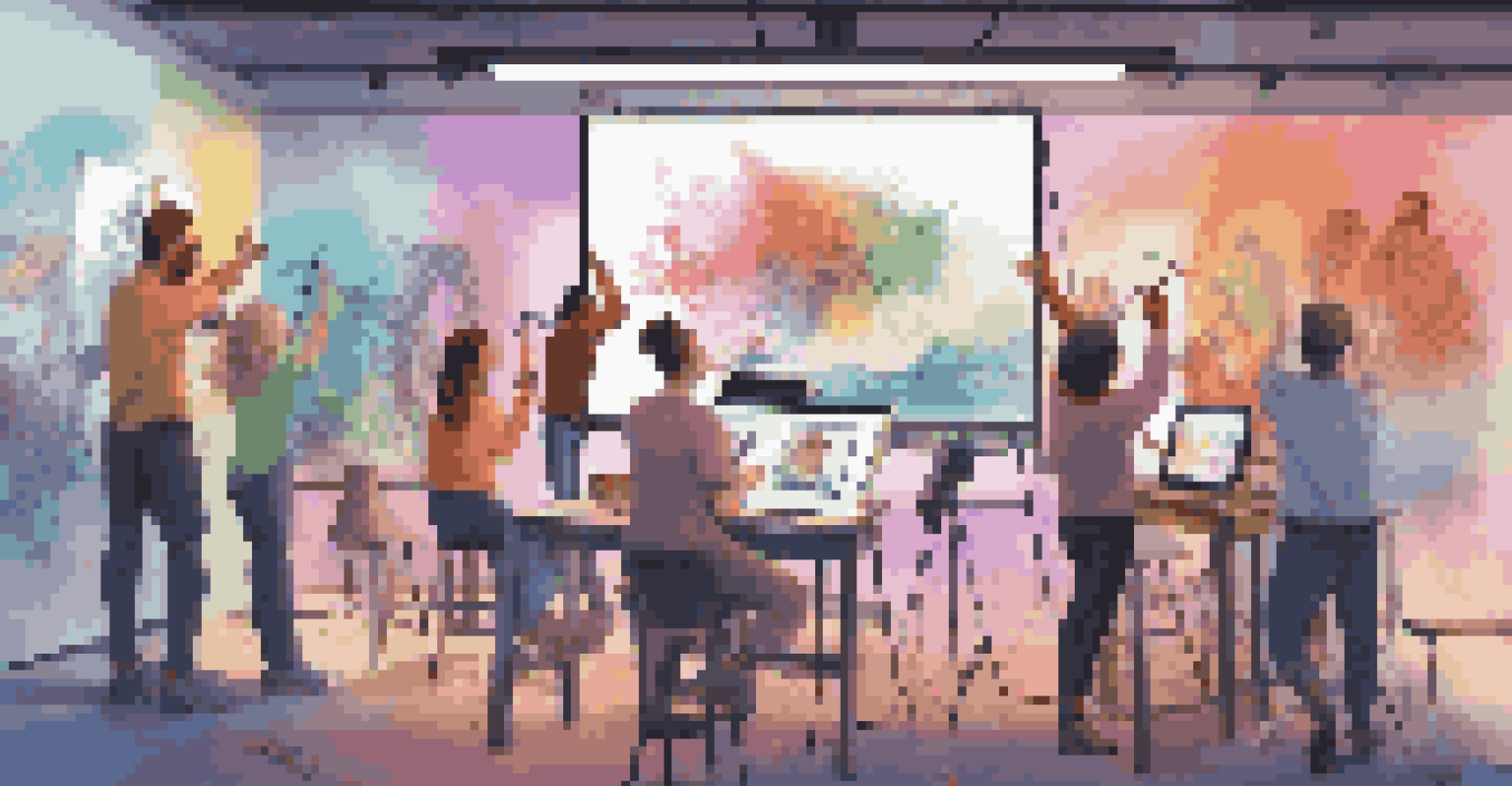 A diverse group of artists collaborating on a mural design on a digital tablet, with vibrant colors and art supplies around them.