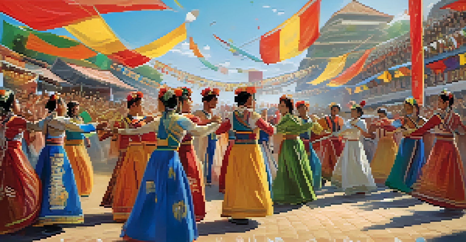 A vibrant cultural festival with performers in traditional costumes dancing on stage, surrounded by an enthusiastic audience under a clear blue sky.