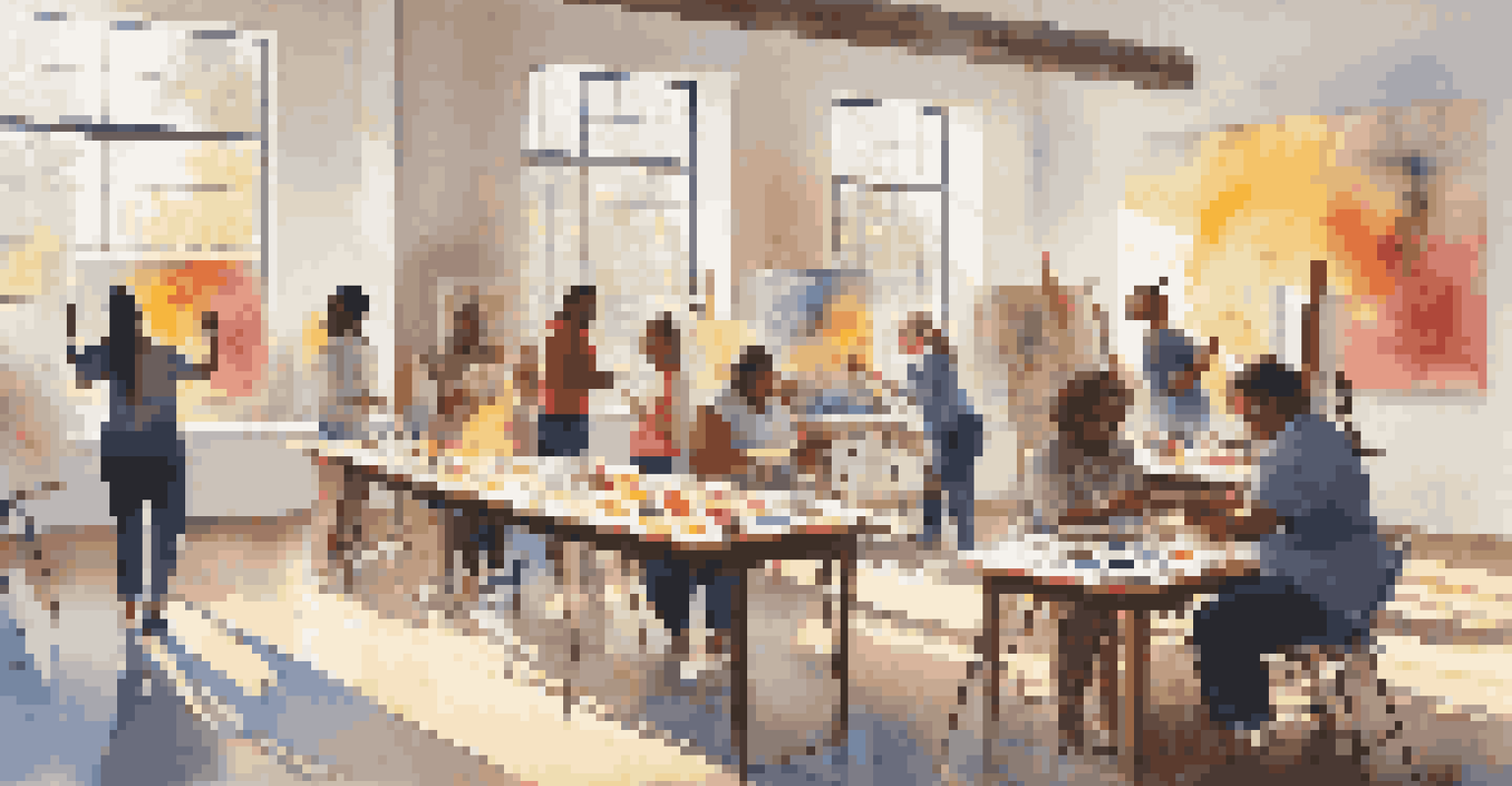 A diverse group of people participating in a community art class, painting on large canvases in a bright room.