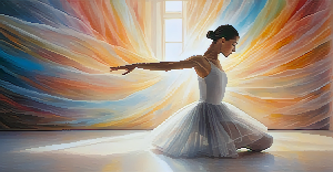 A ballet dancer in a tutu performing a pirouette on stage, with colorful lights and an abstract mural in the background.