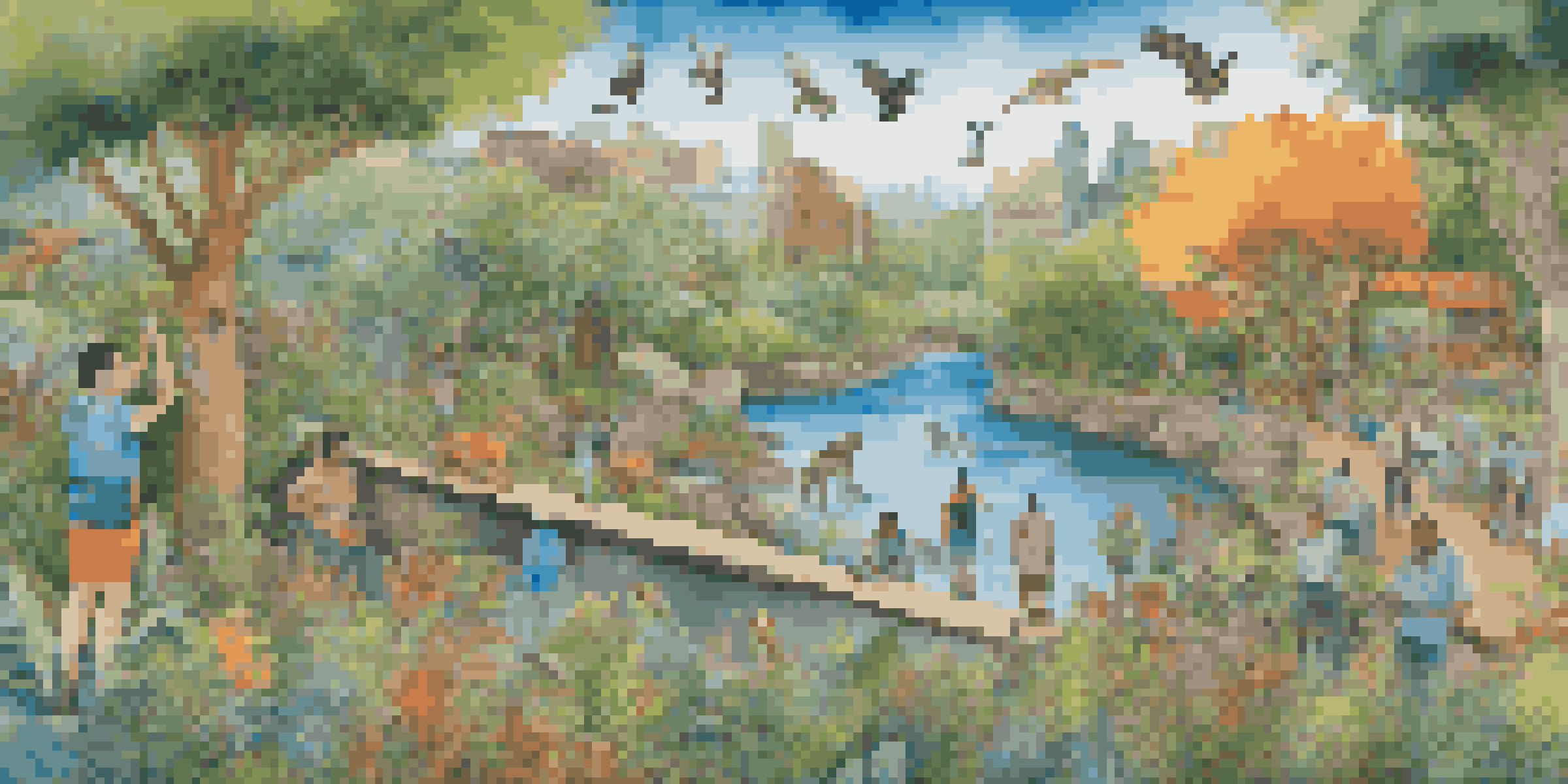 A community mural depicting diverse plants and animals, with residents engaged in painting, surrounded by bright colors and a clear sky.