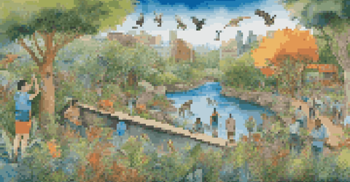 A community mural depicting diverse plants and animals, with residents engaged in painting, surrounded by bright colors and a clear sky.