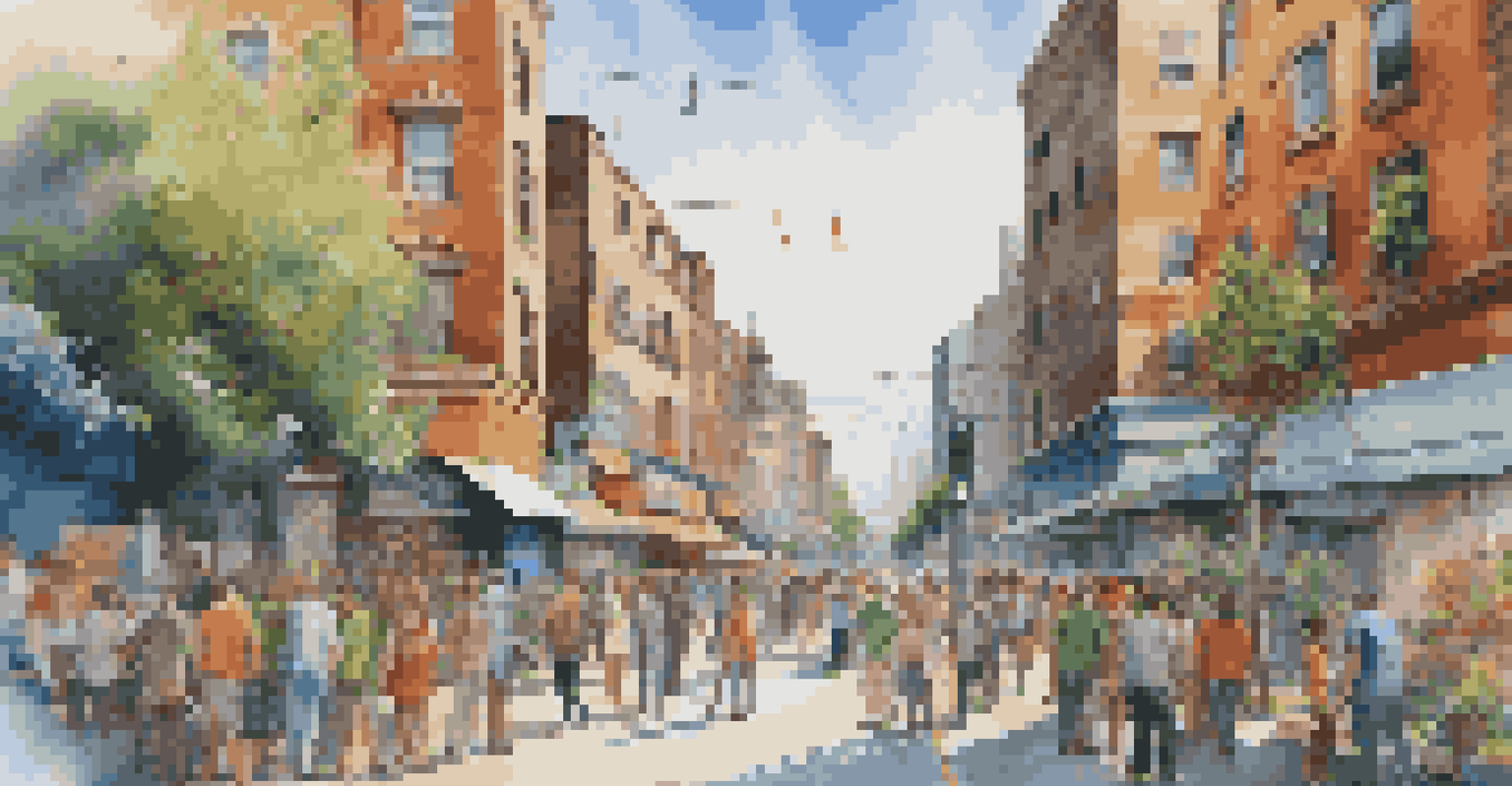 A city street filled with diverse street art and pedestrians admiring the colorful murals under a clear blue sky.