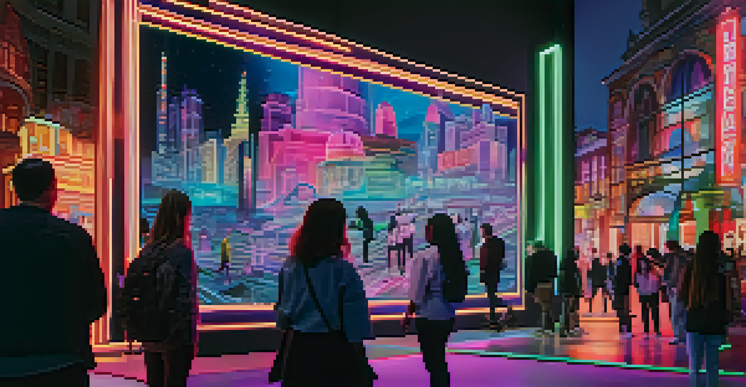A vibrant cityscape at night with neon lights and holographic displays, featuring visitors engaging with digital art.