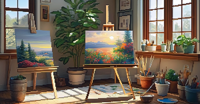A warm and inviting home art studio filled with natural light, showcasing an easel, paint palettes, and various art supplies.