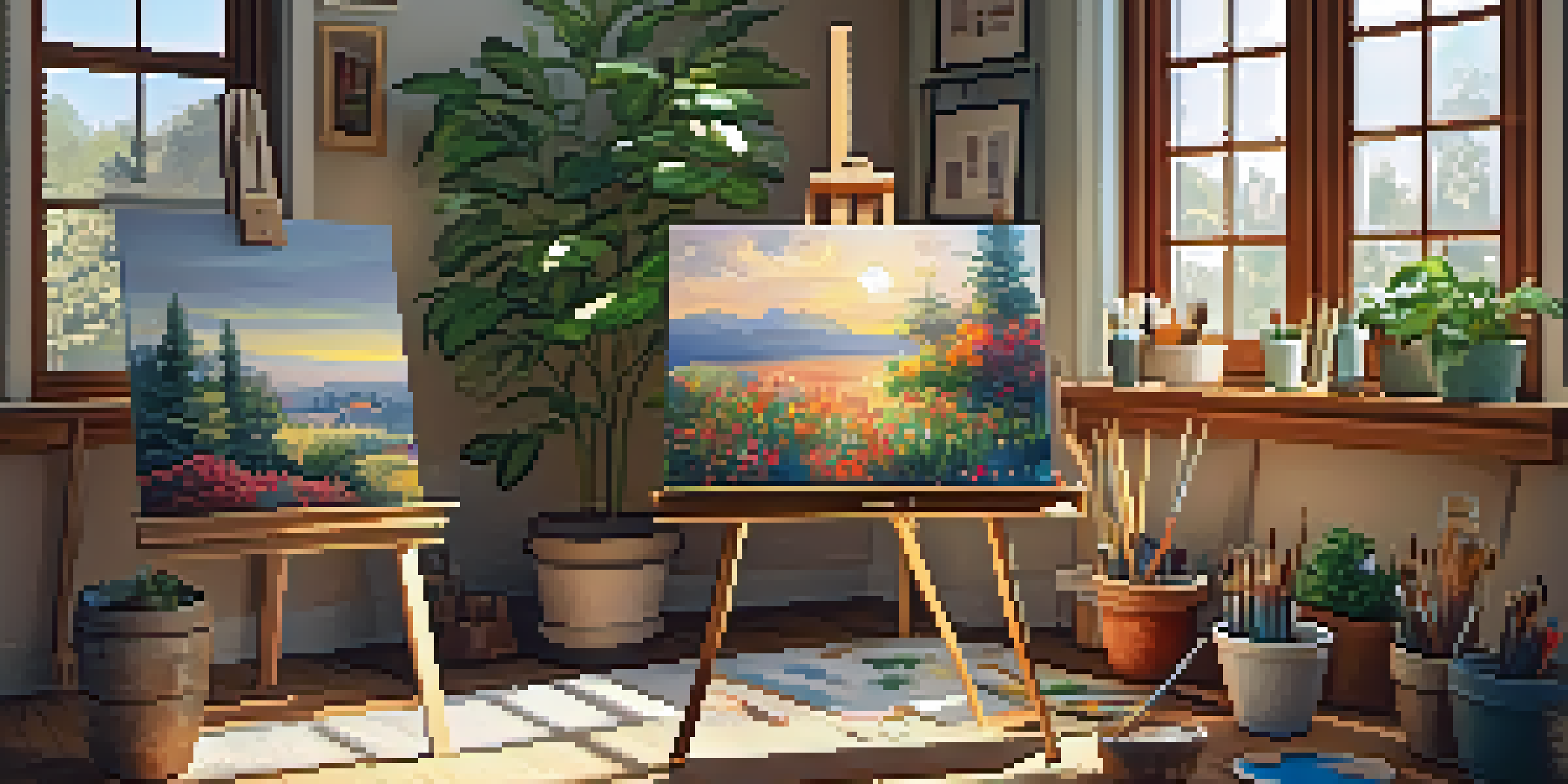 A warm and inviting home art studio filled with natural light, showcasing an easel, paint palettes, and various art supplies.
