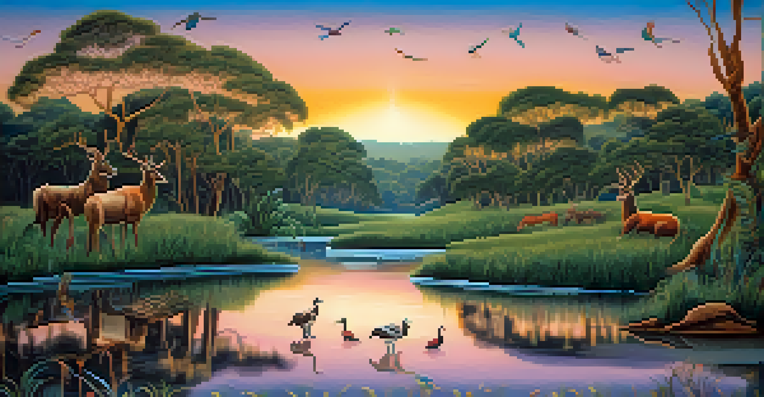 A peaceful landscape in Aboriginal art style, featuring a river, greenery, stylized animals, and soft pastel sunset colors.