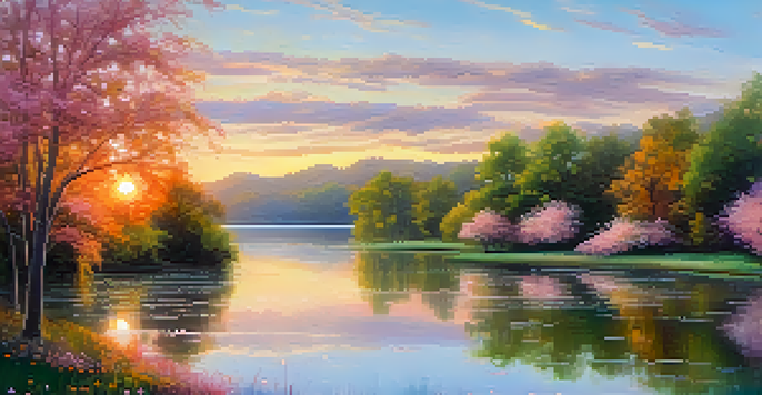 An Impressionist painting of a tranquil lake at sunrise with reflections and vibrant colors.