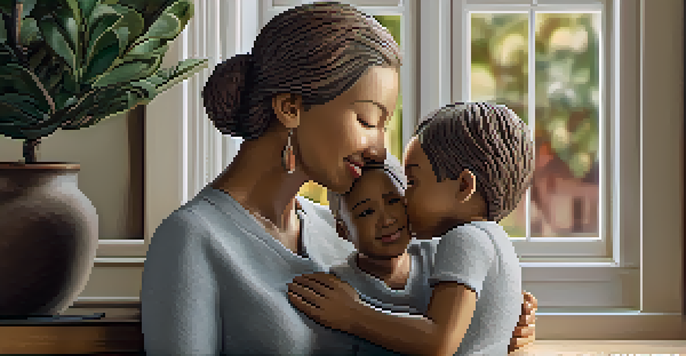 A sculpture of a parent and child embracing in a cozy living room, with soft natural light highlighting the details.