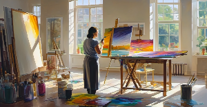 An artist painting in a sunlit studio, surrounded by colorful art supplies and a large canvas.
