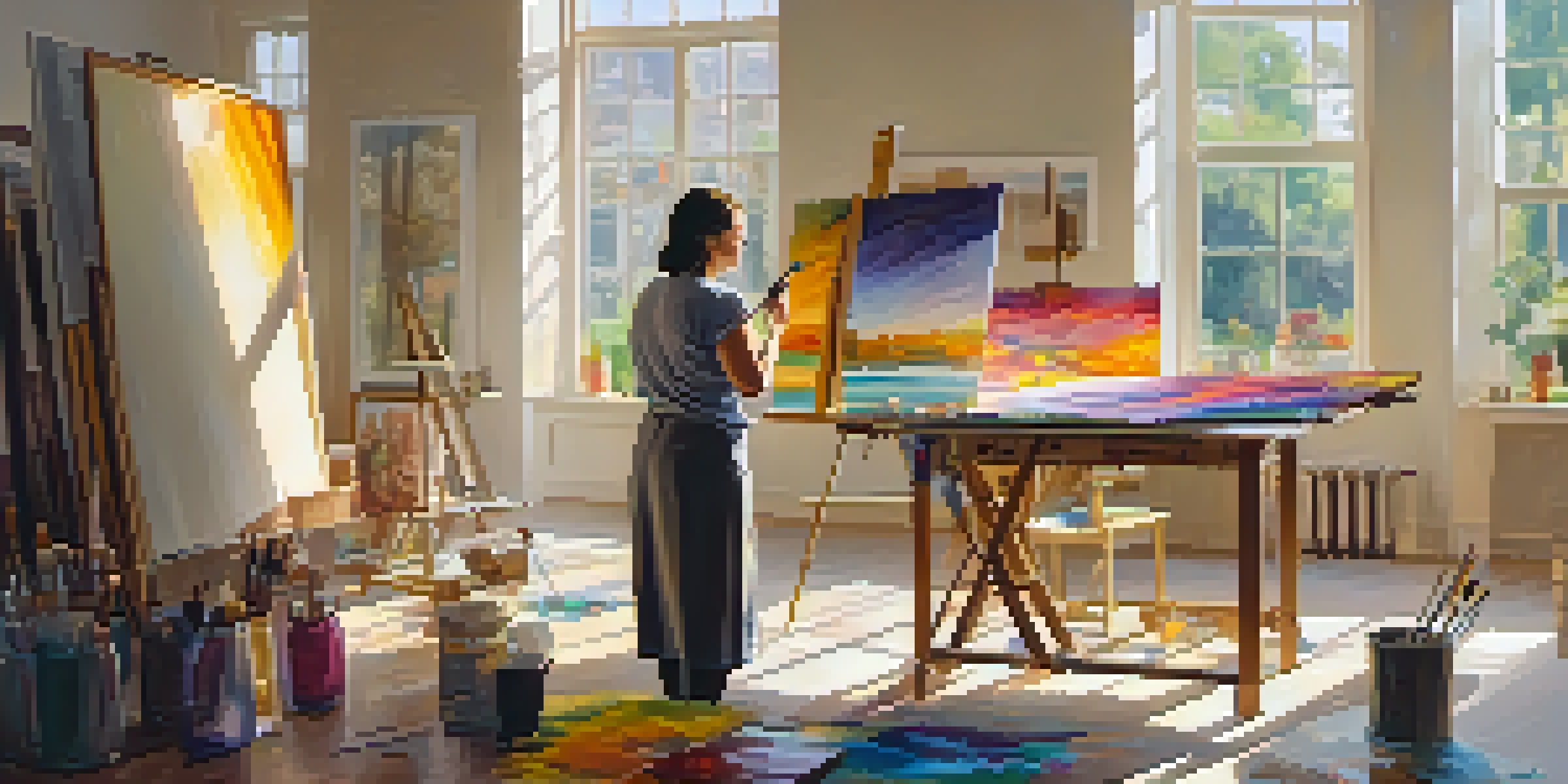 An artist painting in a sunlit studio, surrounded by colorful art supplies and a large canvas.