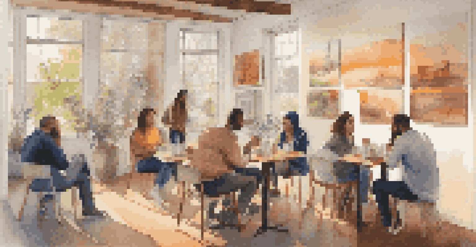 A group of artists in a gallery discussing their artwork in a warm, inviting space.
