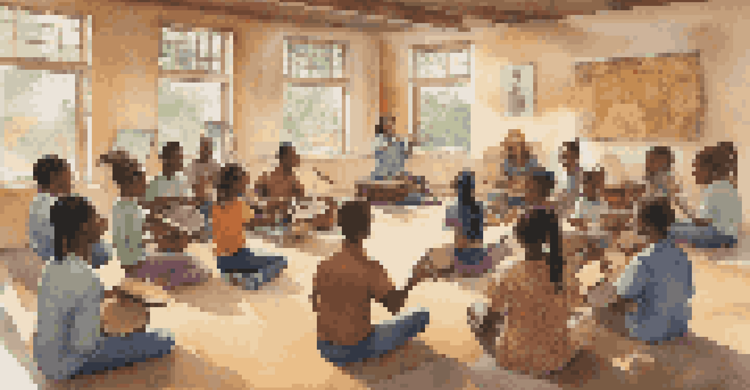 A multicultural classroom with students learning about African drumming, surrounded by musical instruments and maps, fostering cultural awareness.