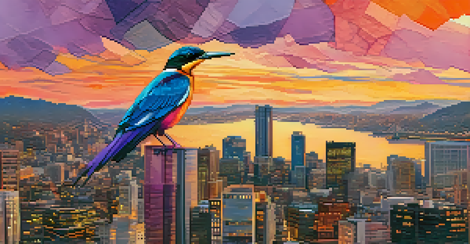 A digital collage merging watercolor illustrations of a bird with a sunset cityscape, featuring warm sunset colors and various textures.