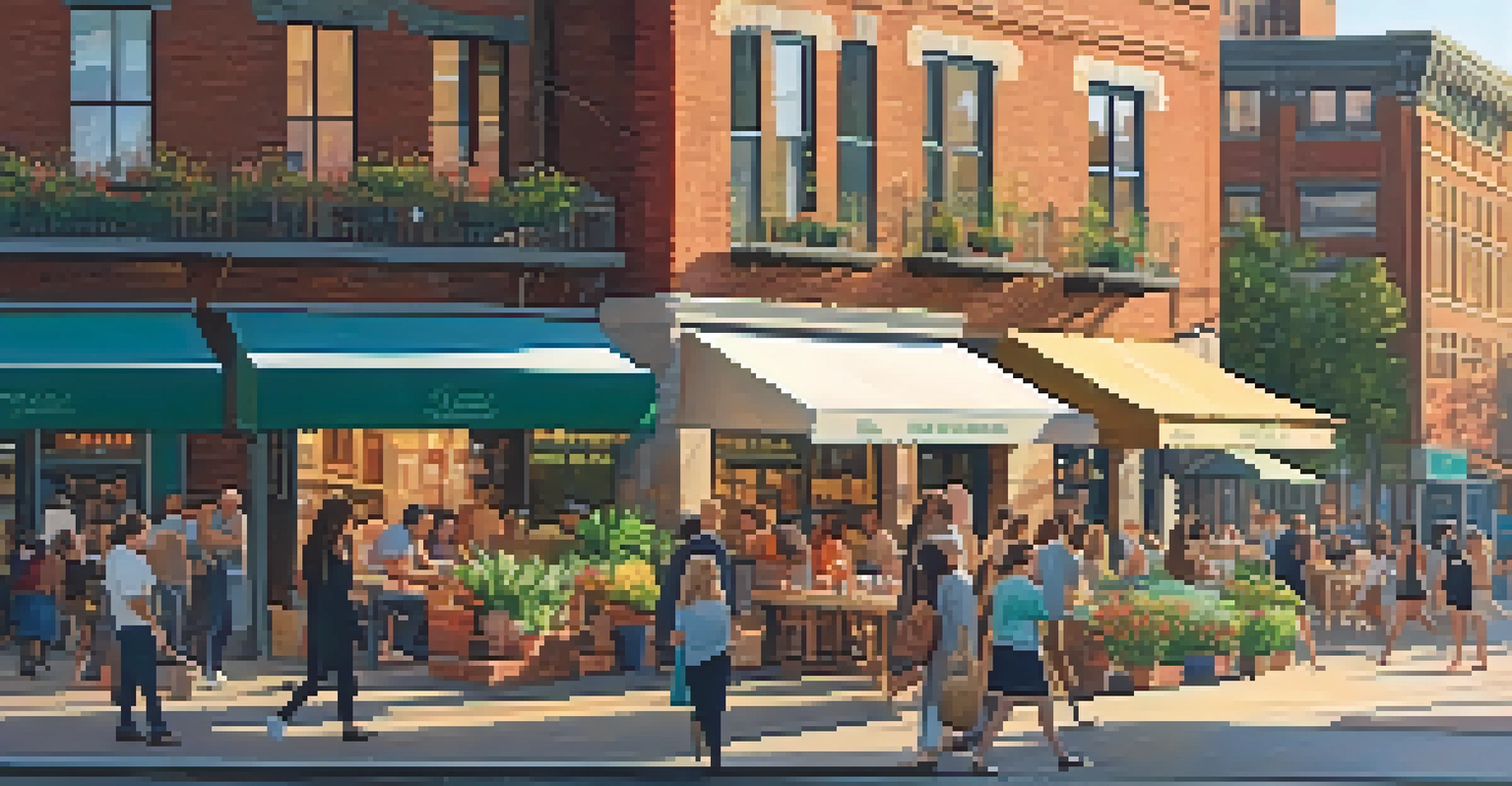 A lively city street during sunset, filled with people and colorful storefronts.