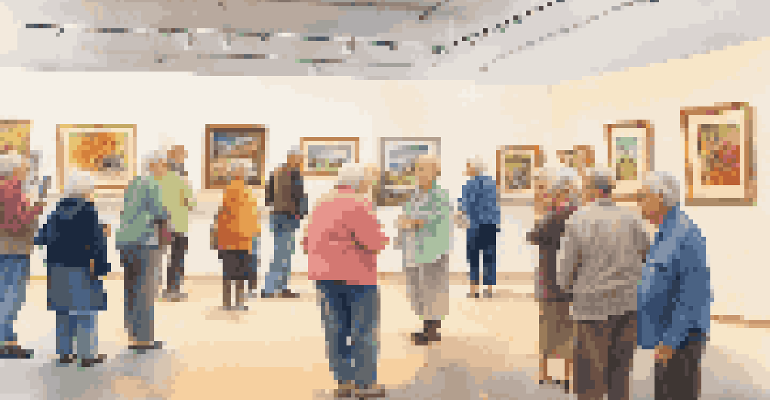 Seniors showcasing their artwork at an exhibition, surrounded by visitors admiring and engaging with the artists.