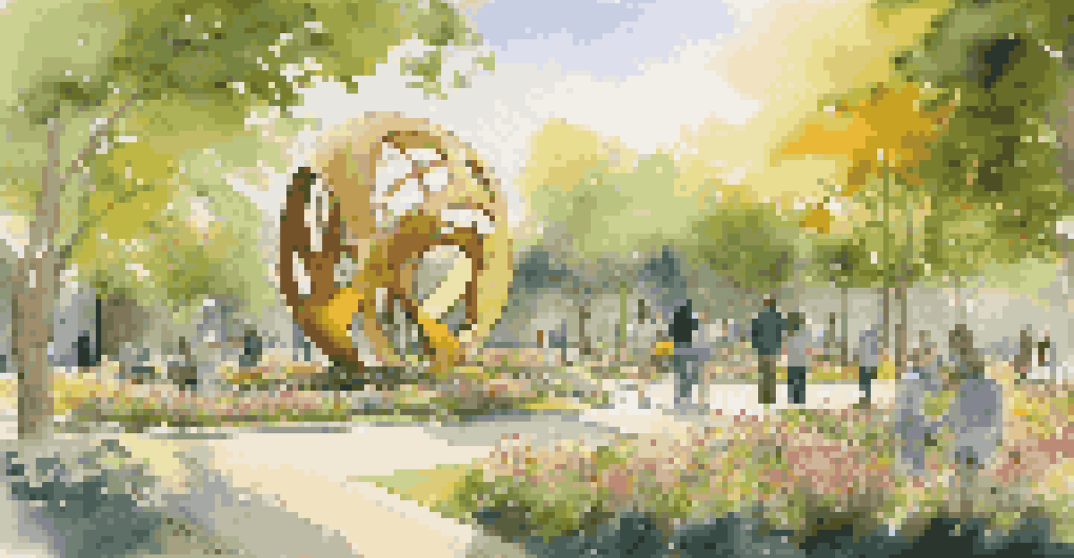 An outdoor art installation featuring large recycled sculptures surrounded by greenery and flowers, with visitors enjoying the space.