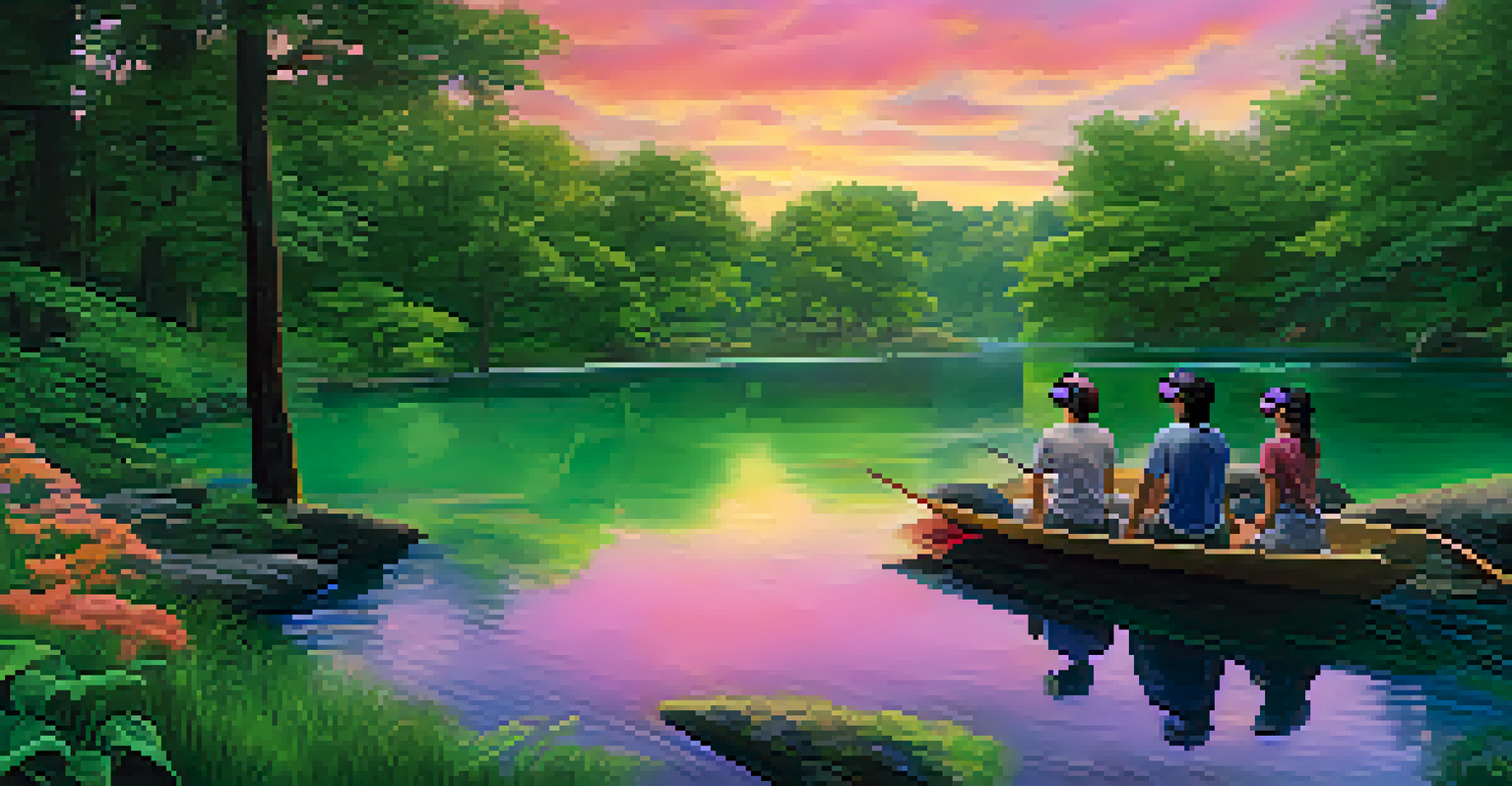 A digital artwork depicting a virtual reality experience in a serene landscape representing healing, with people interacting in a lush and peaceful environment.