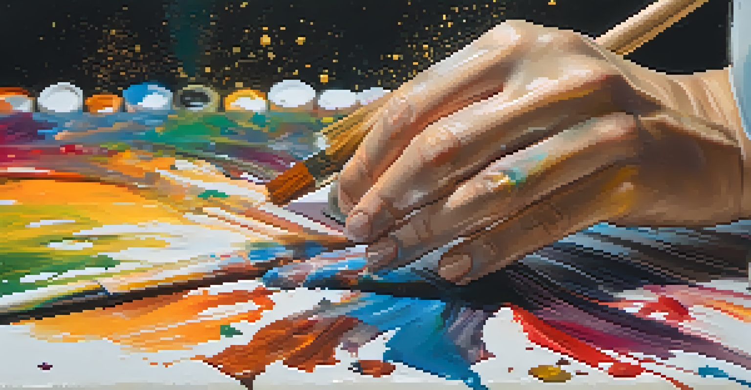 Close-up of a painter's hands creating an abstract artwork, with colorful paint splatters on a canvas and palette.