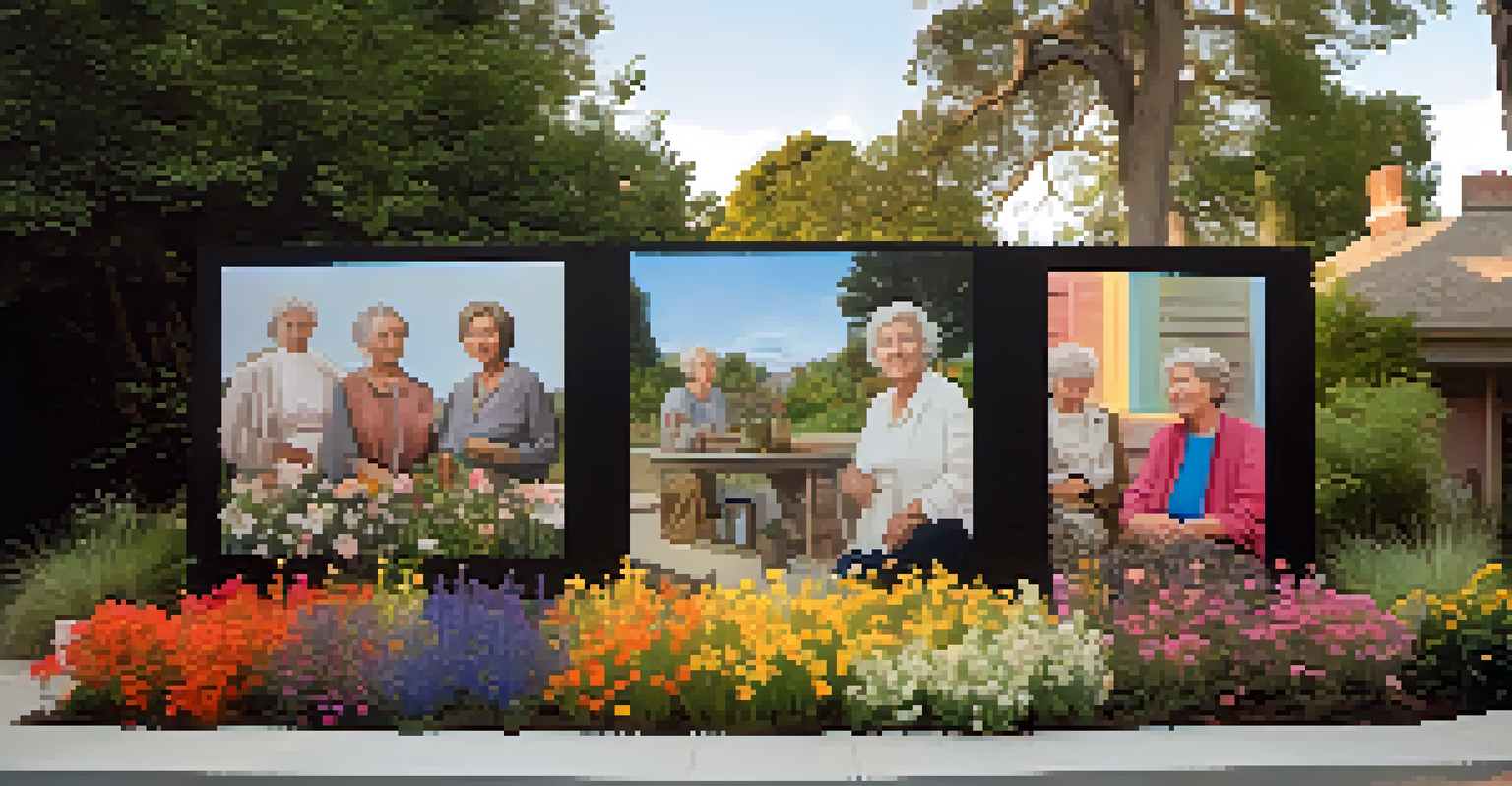 An outdoor art installation with large photographs of older women, surrounded by nature and inviting reflection.