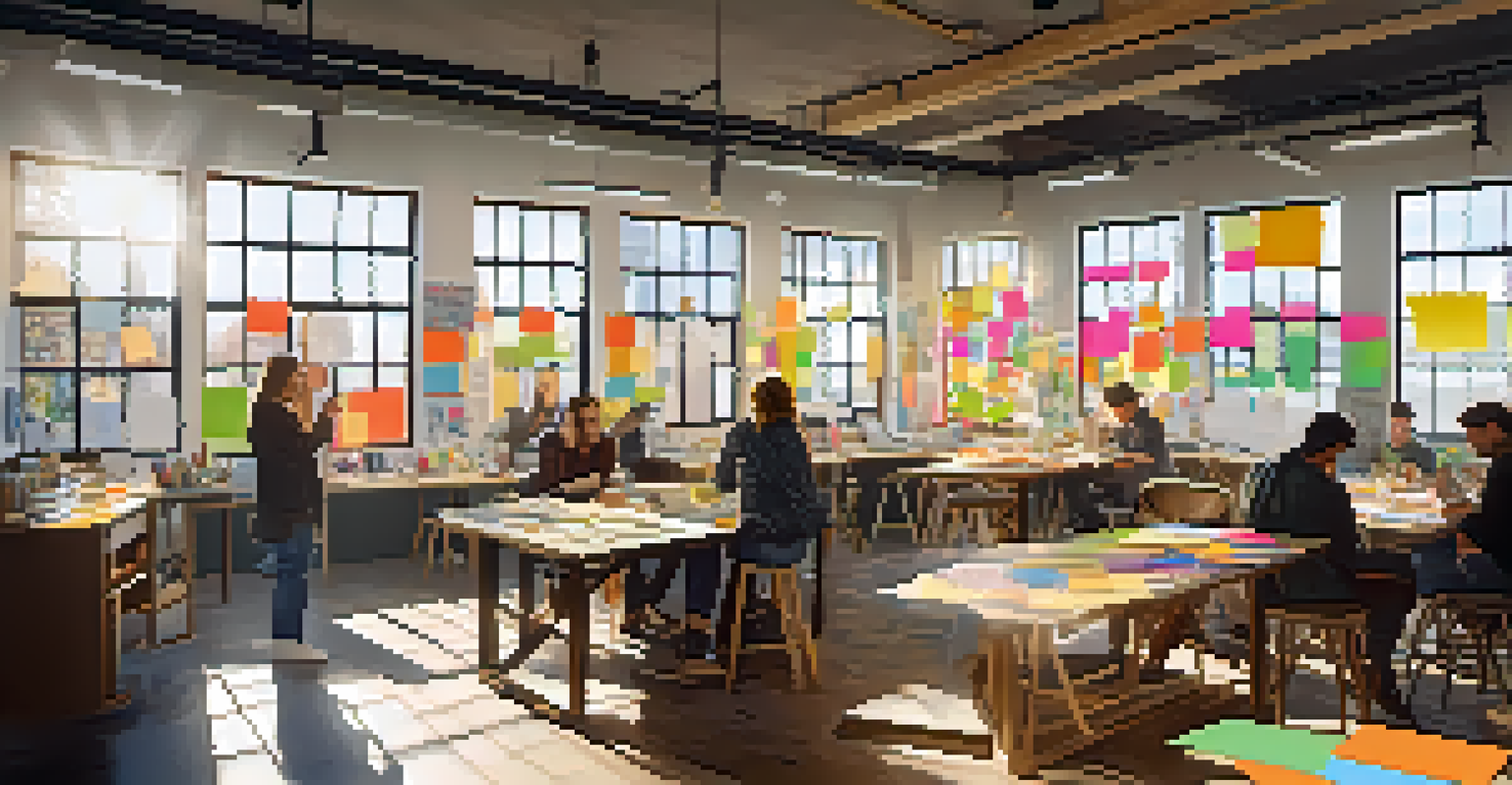 A bright collaborative workspace with artists and local business owners brainstorming ideas surrounded by art supplies.