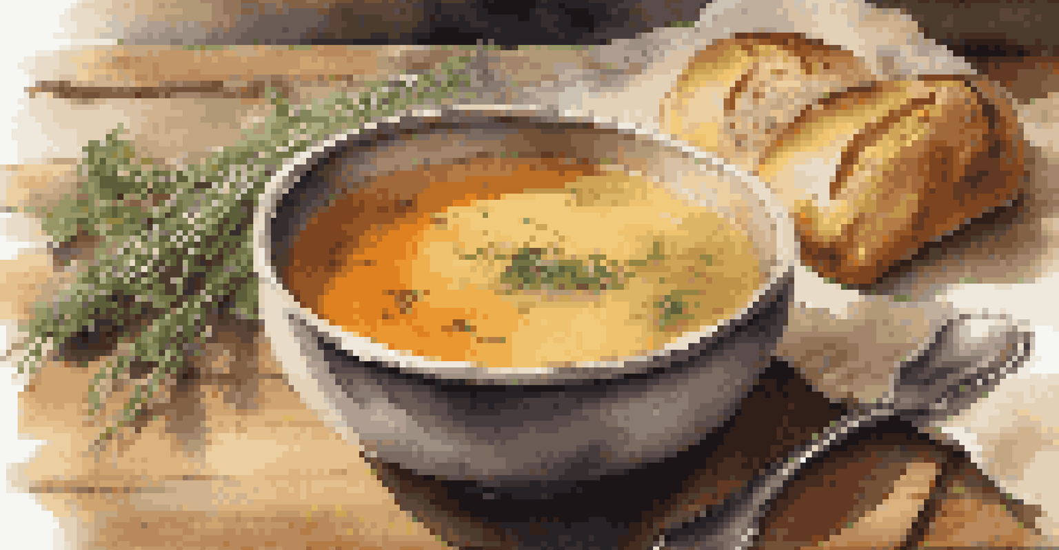 A bowl of homemade soup with steam rising, set on a rustic wooden table with bread and herbs.