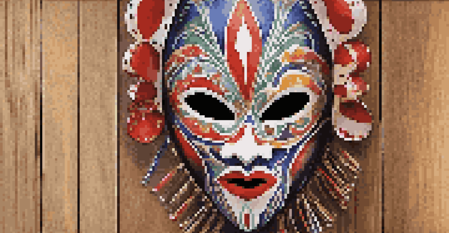 A close-up of a vibrant traditional Basque mask with intricate designs against a wooden background.