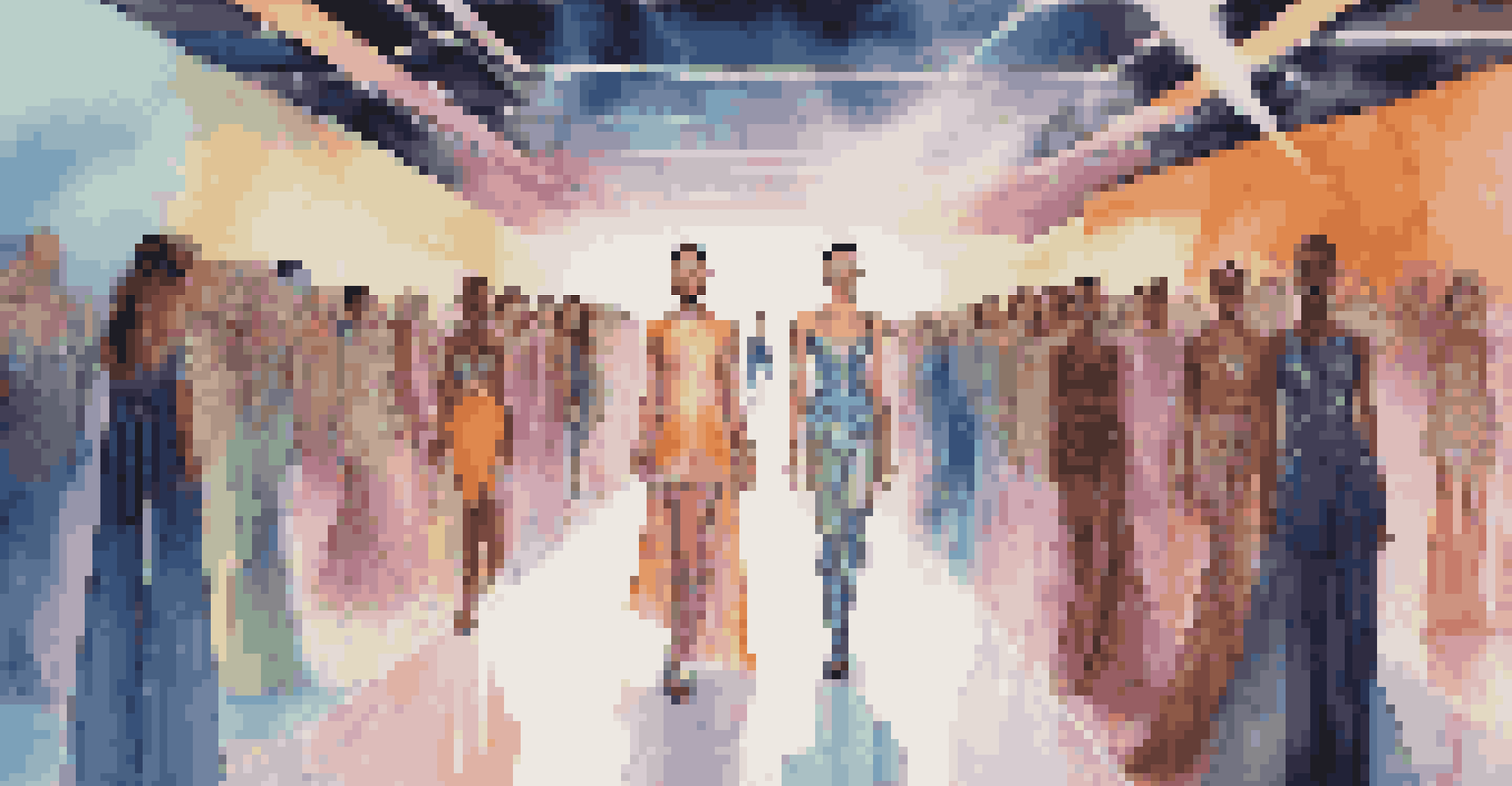 A futuristic fashion runway with models in innovative, culturally inspired designs under colorful LED lights, showcasing a blend of tradition and modernity.
