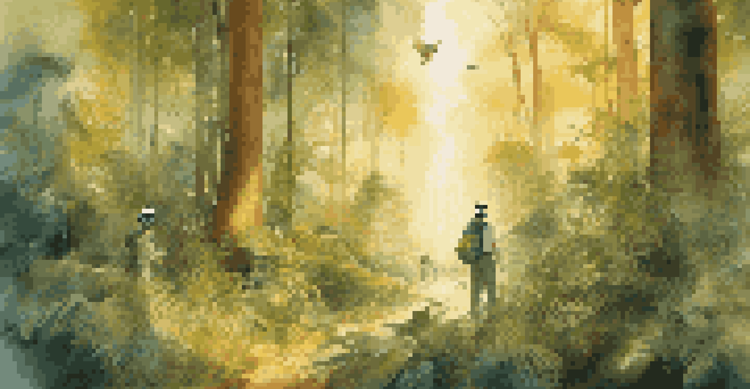 A virtual reality scene of a lush forest, highlighting its beauty and the effects of climate change, with interactive elements.