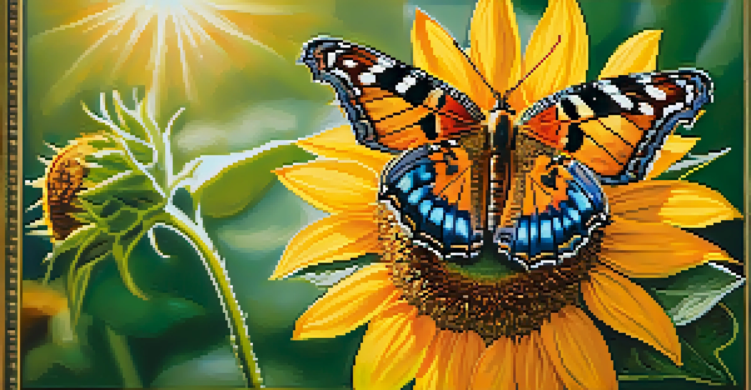 A colorful butterfly perched on a sunflower, showcasing detailed patterns on its wings.