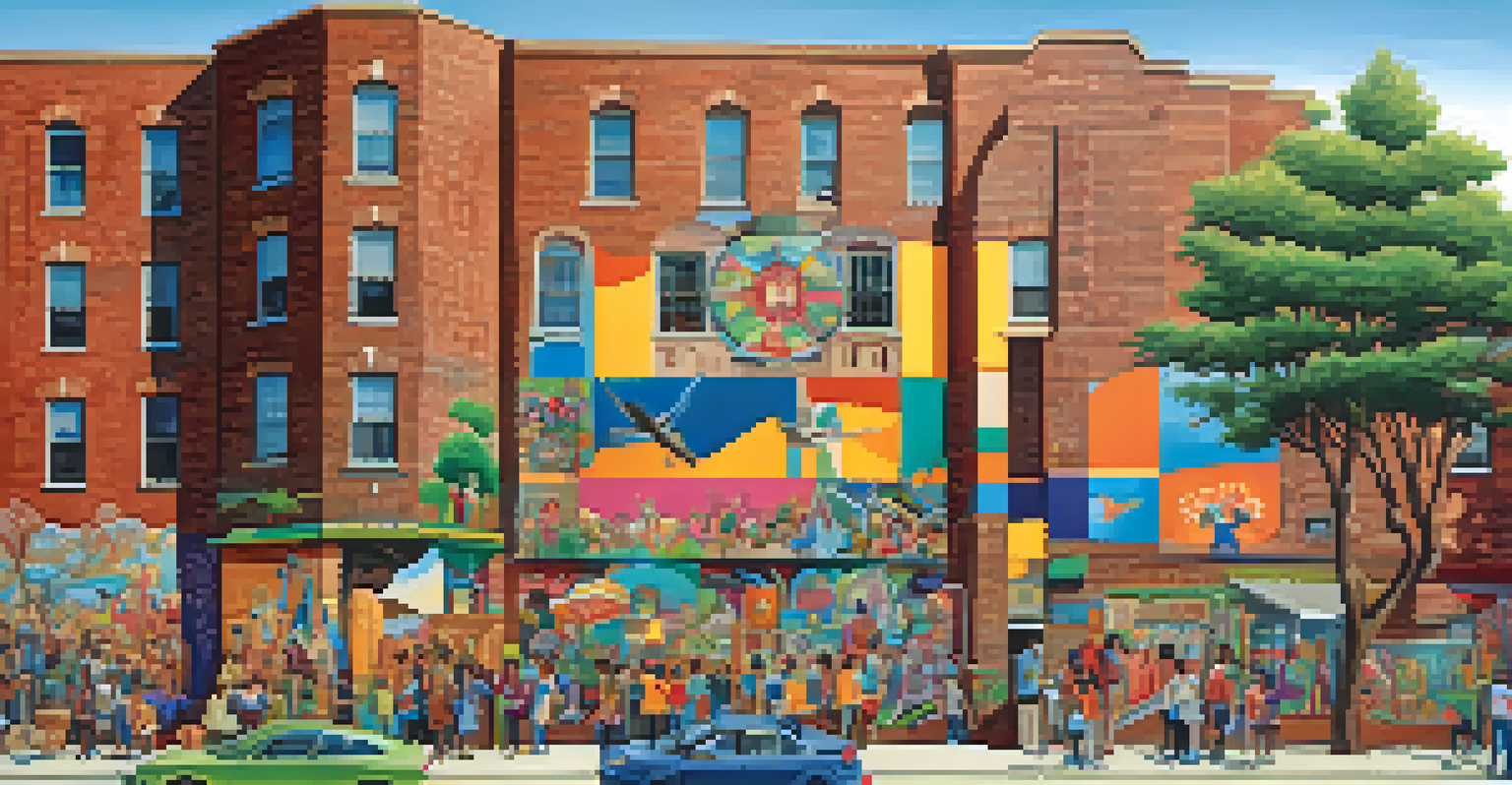 A colorful mural on a brick wall showcasing community life and culture in an urban setting.