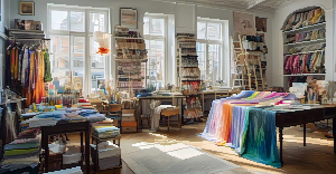 A bright and colorful fashion designer's workshop showcasing various fabrics, sketches, and a sewing machine, all illuminated by natural light.