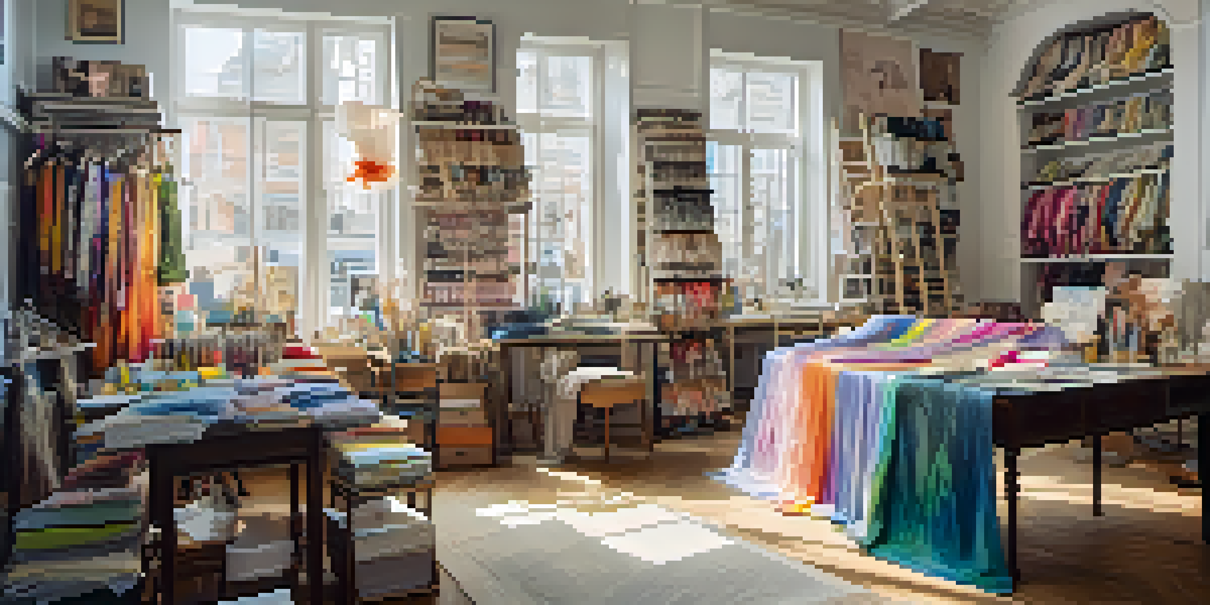 A bright and colorful fashion designer's workshop showcasing various fabrics, sketches, and a sewing machine, all illuminated by natural light.