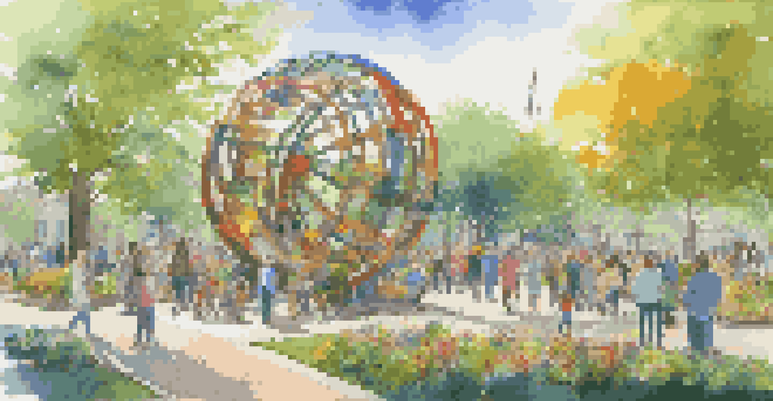 A vibrant public art installation in a park, with people interacting with a large sculpture made from recycled materials, surrounded by nature.