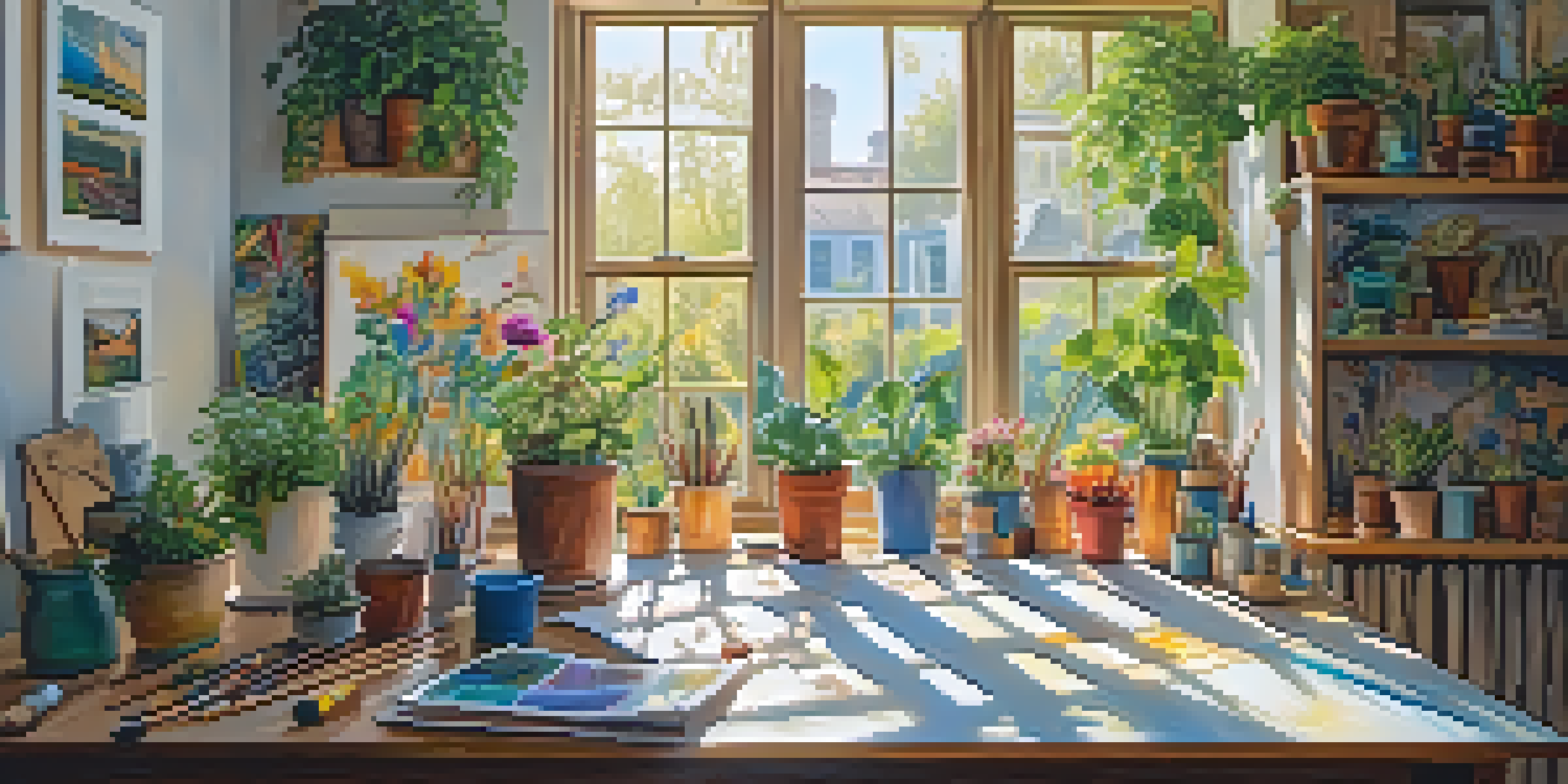 An artist in a bright studio using eco-friendly paints on a canvas, surrounded by recycled art and plants, illuminated by sunlight.