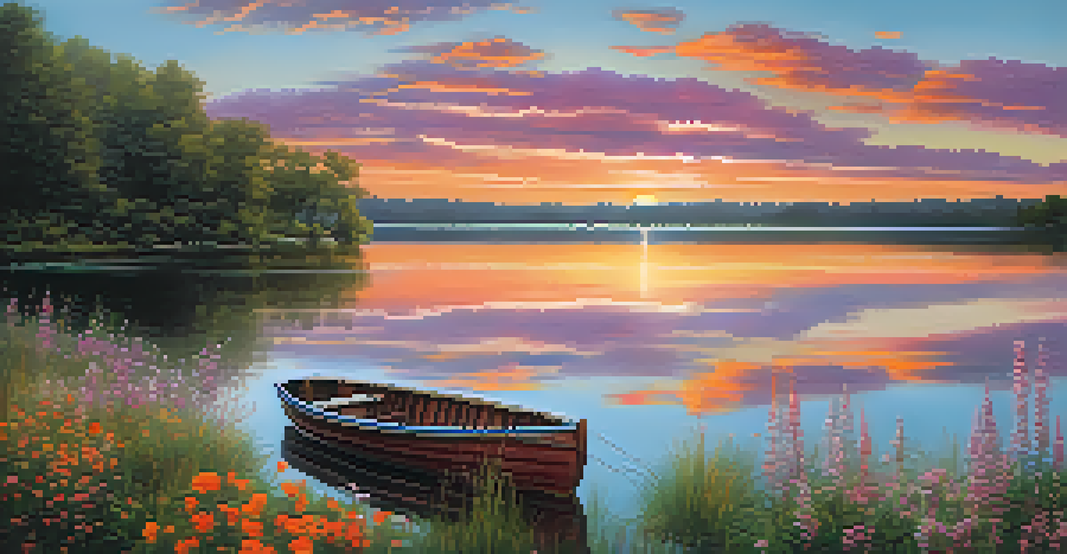 A peaceful lake at sunset with colorful reflections, a small boat, and wildflowers along the shore.