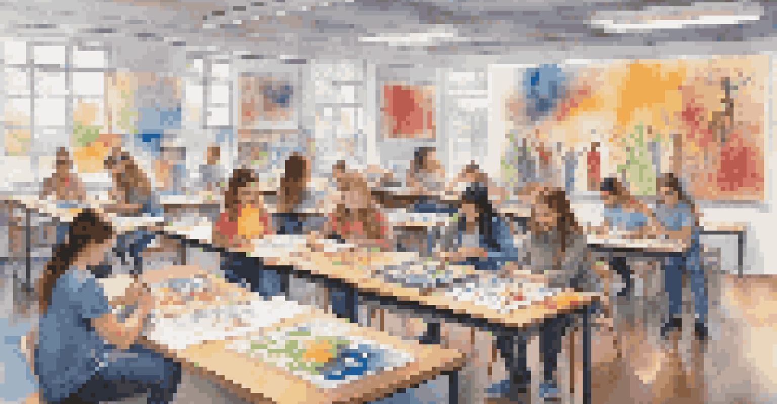 An art classroom with students creating their own artworks, surrounded by art supplies and motivational quotes.