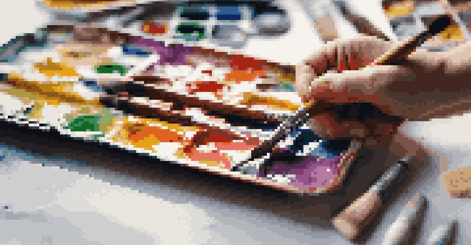 A close-up of a hand with a paintbrush above a vibrant abstract canvas.