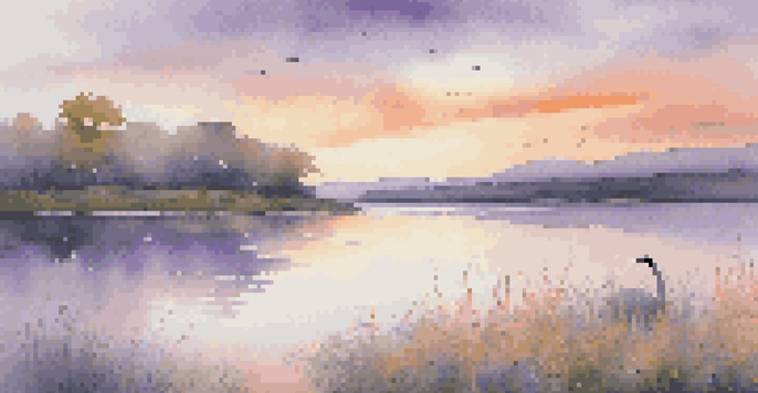 A peaceful lake at sunset with colorful reflections and blooming wildflowers in the foreground.