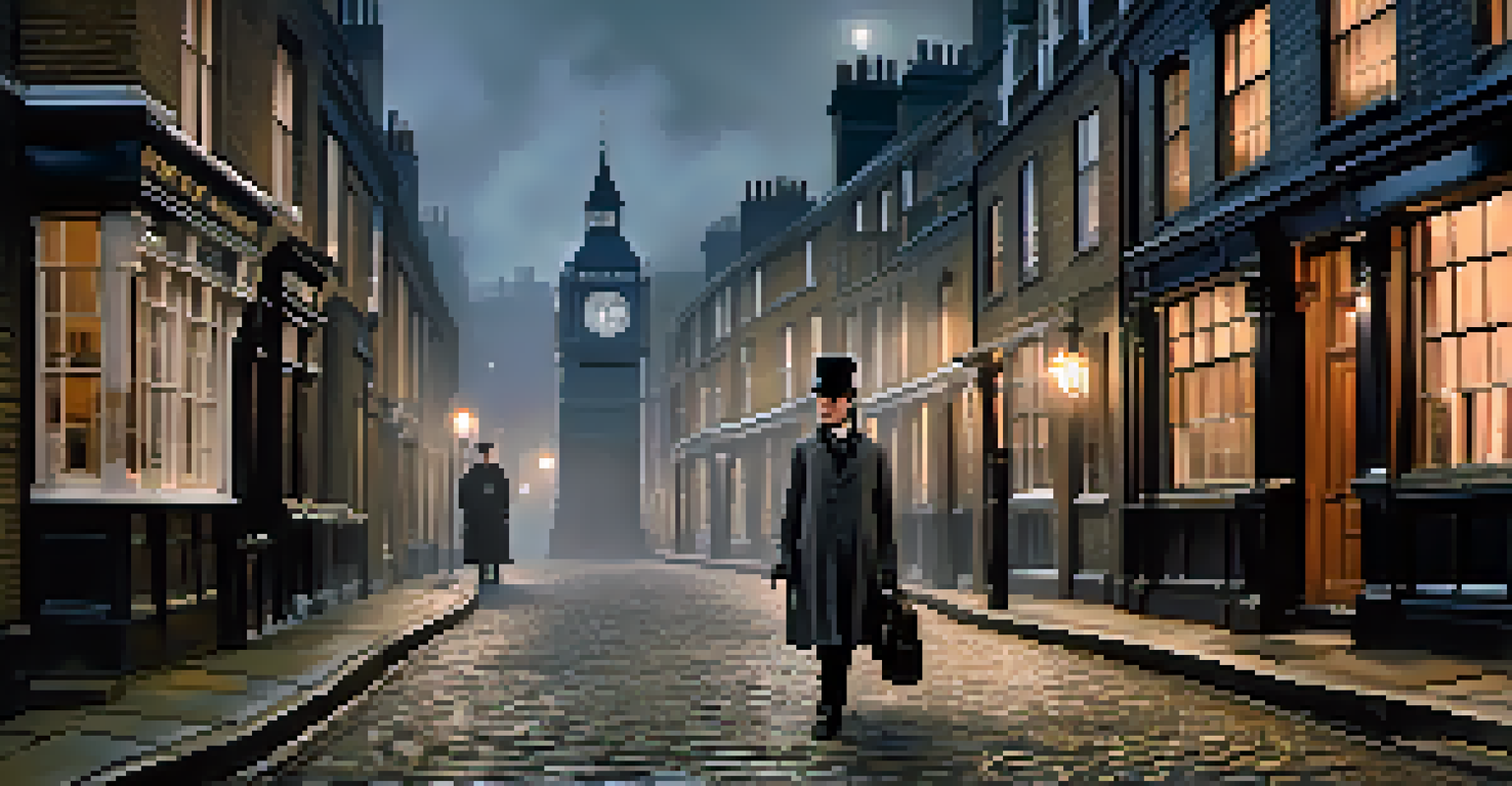 An illustration of Sherlock Holmes in a misty London street, wearing a deerstalker hat and holding a magnifying glass.