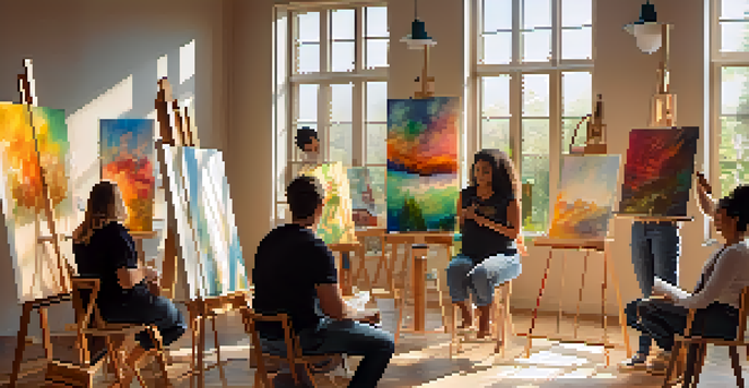 A diverse group of individuals painting in a sunlit art therapy studio, surrounded by colorful canvases and soft natural light.