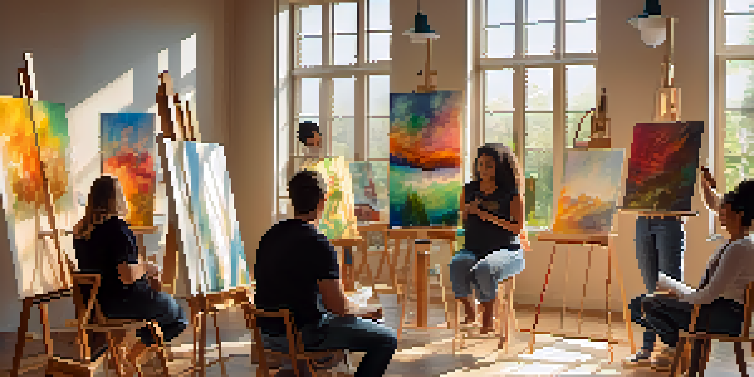 A diverse group of individuals painting in a sunlit art therapy studio, surrounded by colorful canvases and soft natural light.