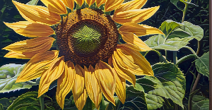 A close-up of a bright sunflower with detailed petals and green leaves, bathed in soft sunlight.