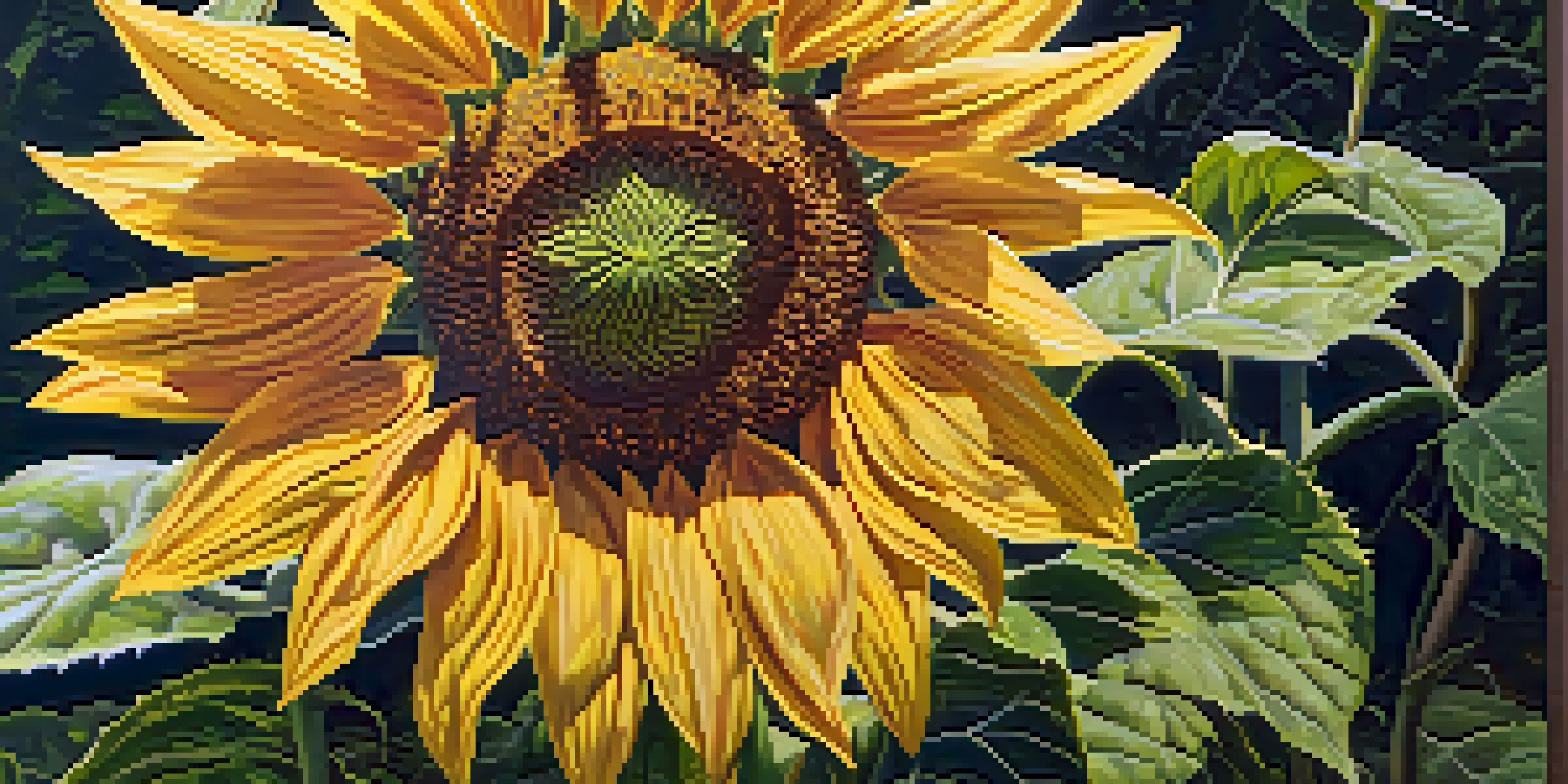 A close-up of a bright sunflower with detailed petals and green leaves, bathed in soft sunlight.