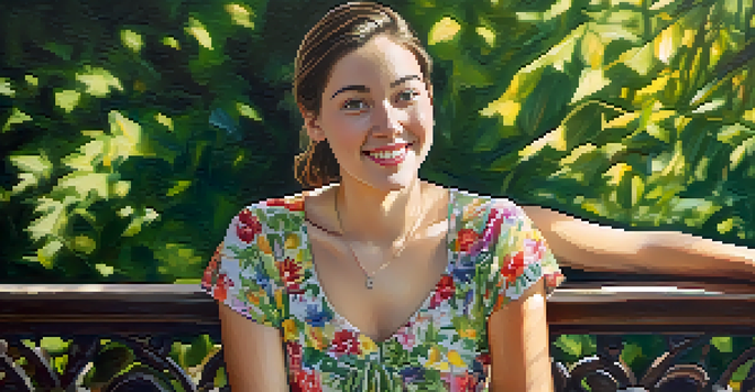 A close-up portrait of a young woman with a disability, smiling warmly amidst a sunlit park with greenery in the background.
