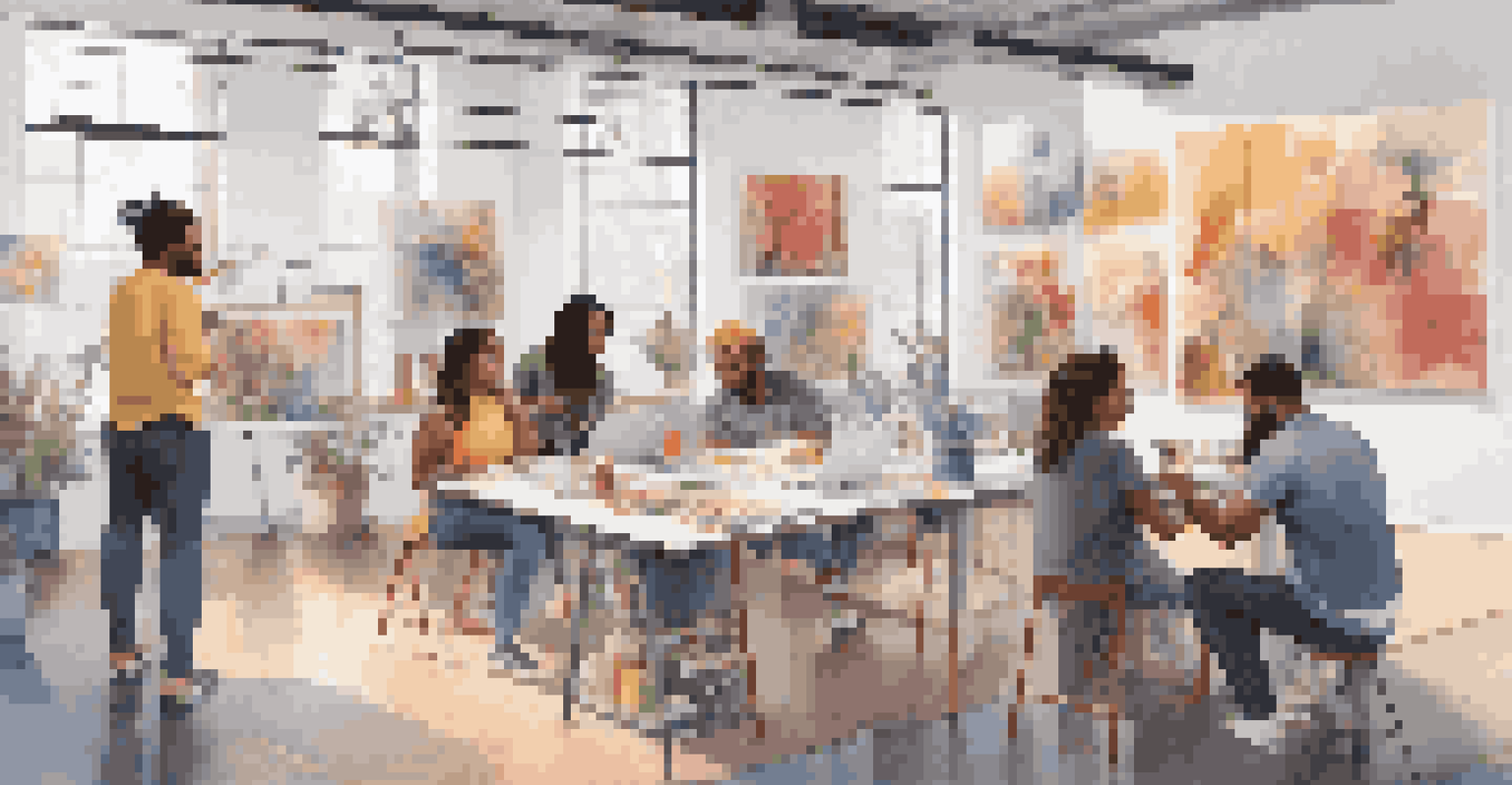 A group of diverse young artists collaborating in a bright modern studio, surrounded by art supplies and colorful designs.